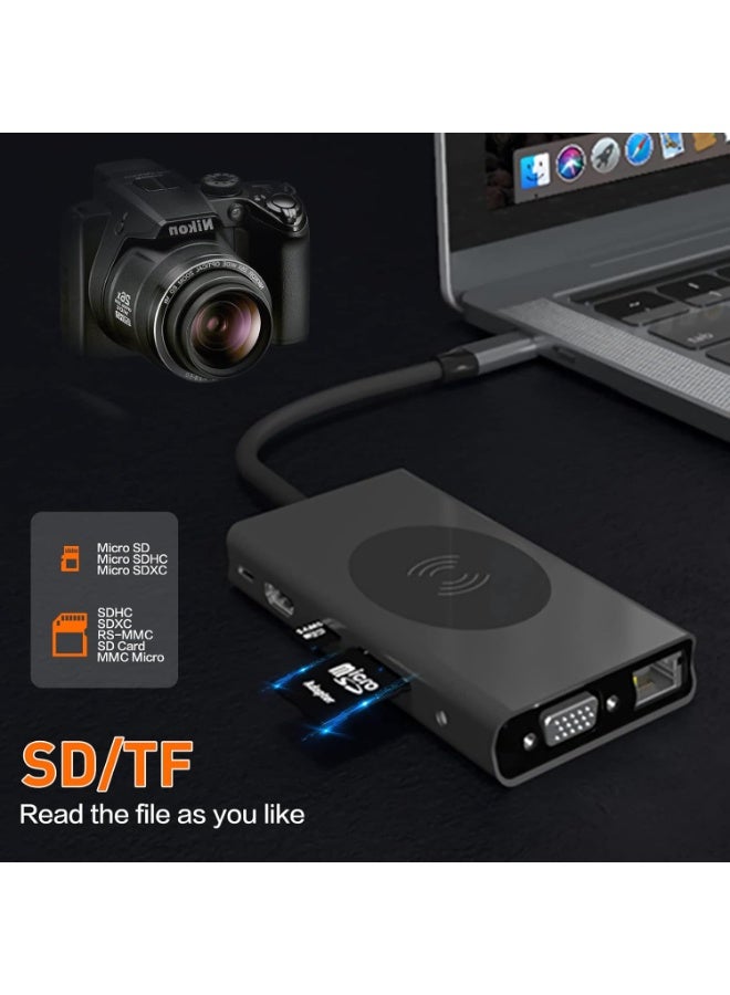 ميذ محول MT-9888W USB-C HUB Dongle مع شحن لاسلكي، محطة إرساء 13 في 1 تدعم دقة 4K بمعدل 30 هرتز، HDMI، VGA، منفذي USB 3.0، منفذي USB-C 3.0 و2.0، منفذ بطاقة SD/TF، ​​ومنفذ AUX 3.5 ملم، متوافق مع MacBook Pro وأجهزة الكمبيوتر المحمولة الأخرى. - Image 2